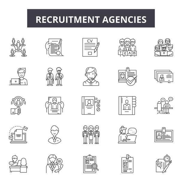 Recruitment agencies line icons, signs set, vector. Recruitment agencies outline concept, illustration: recruitment,employee,agency,business,job,employment,human,manager,management - Vector, Image