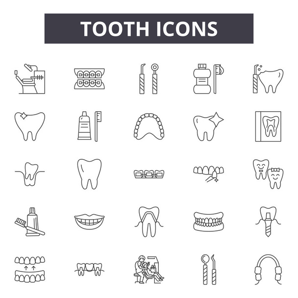 Icônes de la ligne des dents, signes ensemble, vecteur. Concept de contour des dents, illustration : dent, dentiste, dentisterie, santé, santé, soins
 - Vecteur, image