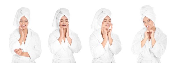 Set of beautiful young woman in bathrobe with towel on white background - Φωτογραφία, εικόνα