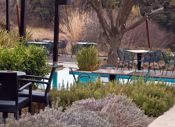 stylish coffee bar with pool in springtime - Фото, изображение
