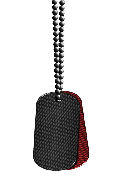 czarny i czerwony metal tag i naszyjnik. odizolowana od ścieżki przycinającej. ilustracja 3D. - Zdjęcie, obraz
