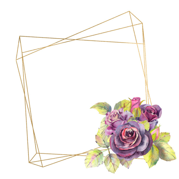 Flowers of dark roses, green leaves, composition in a geometric Golden frame . The concept of the wedding flowers. Flower poster, invitation. Watercolor compositions for the design of greeting cards o - Fotoğraf, Görsel