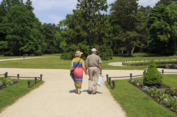 Palanga. Lithuania. May 31-2016 Rear view of senior couple walking down in park of the Amber museum. - Photo, Image