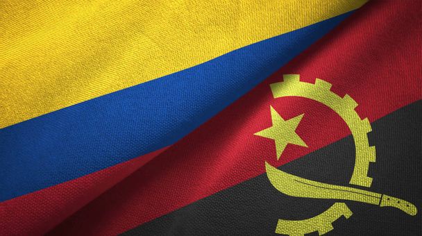Kolumbia i Angola dwie flagi tkanina tekstylna, tekstura tkaniny  - Zdjęcie, obraz