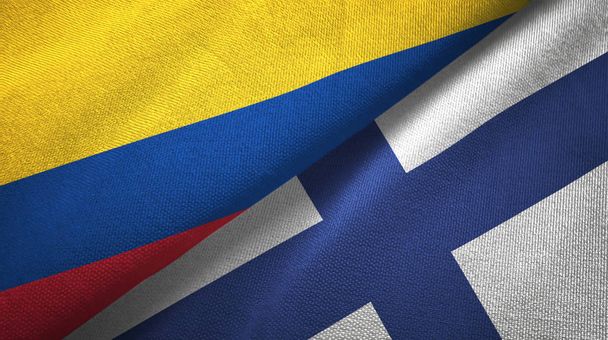 Kolumbia i Finlandia dwie flagi tkanina tekstylna, tekstura tkaniny - Zdjęcie, obraz