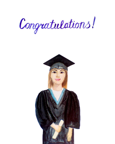 Estudiante graduado en acuarela. Mujer joven dibujada a mano con una gorra de graduación y un manto con un diploma universitario. Ilustración de la pintura de celebrar
 - Foto, imagen