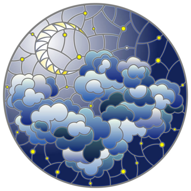 Illustration im Glasmalereistil mit himmlischer Landschaft, flauschige Wolke auf dem Hintergrund von Sternenhimmel und Mond, rundes Bild - Vektor, Bild
