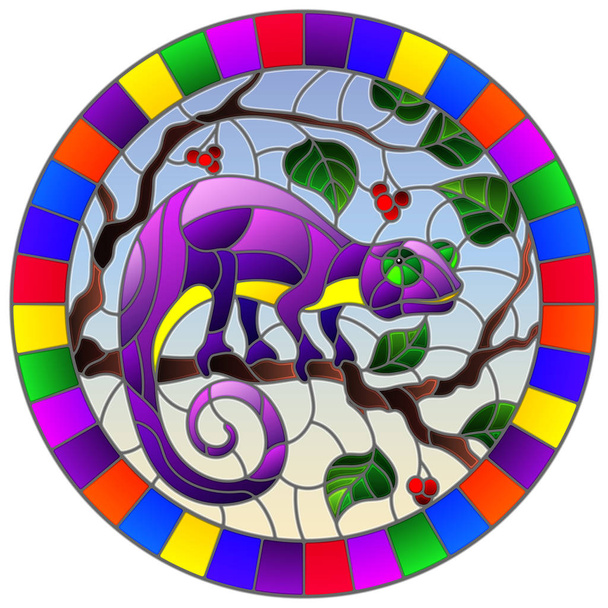 植物に明るい紫のカメレオンとステンド グラス スタイルの図葉と背景の枝し、青色の背景色、円形画像果実 - ベクター画像