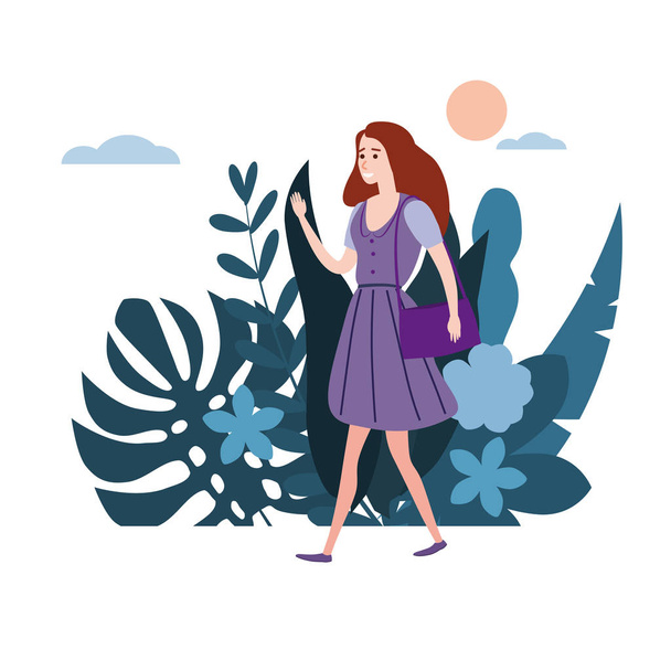 Young girl in lilac dress goes about his business. Background flora flowers floral leaves. Trend design flat cartoons. Colorful vector illustration isolated - ベクター画像