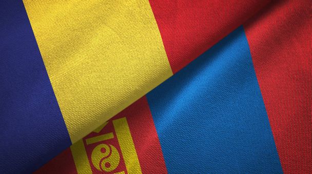 Rumunsko a Mongolsko dvě vlajky textilní tkaniny, textura textilií - Fotografie, Obrázek