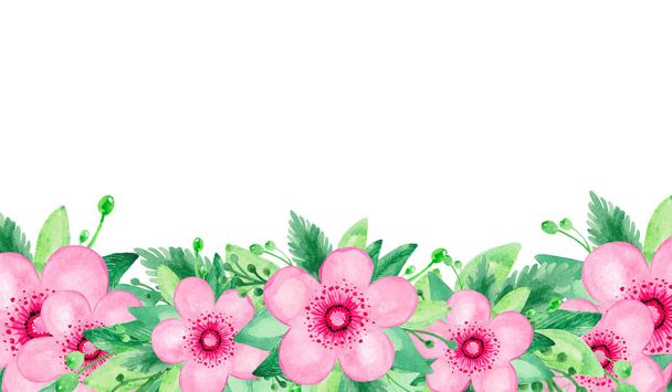 Ilustración de acuarela de flores de color rosa rojo tallo de cerezo hojas verdes Set floral sobre fondo blanco
 - Foto, Imagen