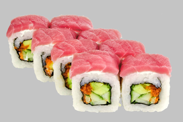 Sushi Maguro Roll with tuna and cucumber Avocado caviar Masago - Photo, Image