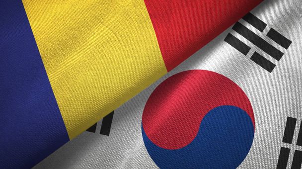 Roménia e Coreia do Sul duas bandeiras de pano têxtil, textura de tecido
 - Foto, Imagem