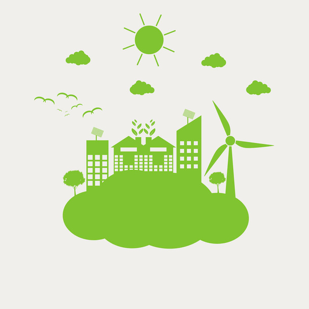 Οι πράσινες πόλεις βοηθούν τον κόσμο με το σύννεφο με ιδέες για το φιλικό προς το οικολογικό σχέδιο, απεικόνιση διανύσματος - Διάνυσμα, εικόνα