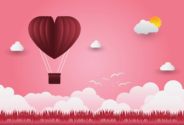 Valentýnské balónky ve tvaru srdce letící přes travní pozadí, styl papíru, vektorový obrázek - Vektor, obrázek