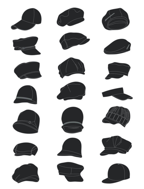 Set of caps silhouettes,models for any season, warm and thin, different types, isolated on white background. - Vector, Image