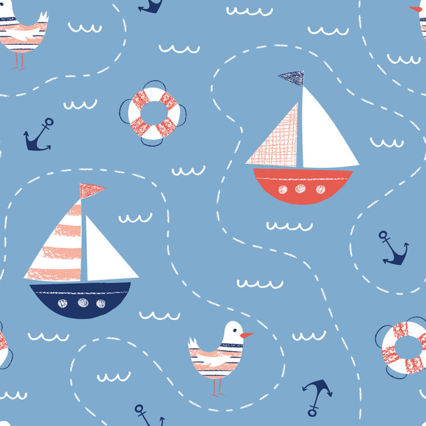 Whimsical Hand-Drawn with Crayons Nautical Map Vector Seamless Pattern with Ships, Seagulls, Anchors, Lifebuoys - Vektor, obrázek