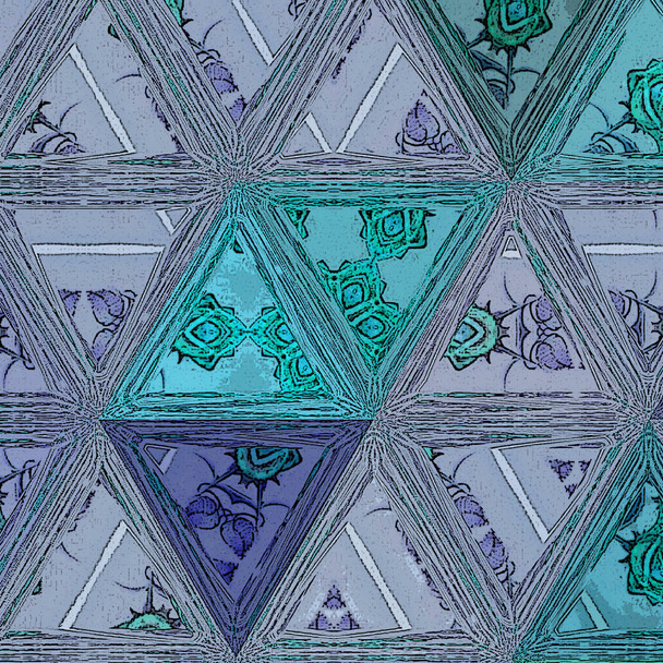 Driehoek doorlopend patroon in Turquoise, witte en blauwe kleuren. Bloemen borduurwerk met Teal rozen. - Foto, afbeelding
