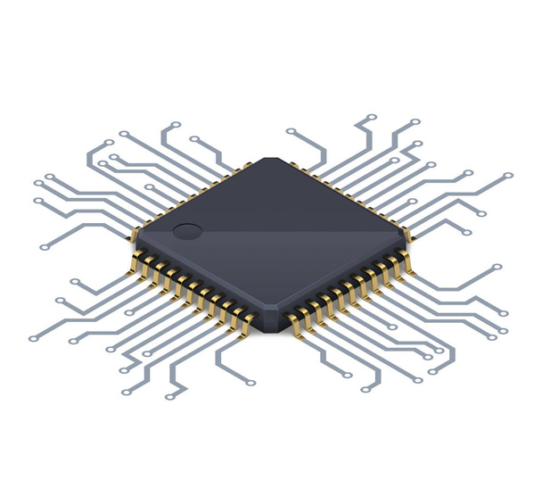 Procesor lub elektroniczny chip na płytkach z przewodzącymi ścieżkami i miękkim, realistycznym cieniem. Wektor izometryczny - Wektor, obraz