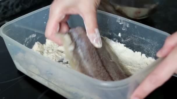 Revestimiento de harina después de la limpieza y destripación como parte de la preparación de pescado de mar para cocinar y freír
 - Metraje, vídeo