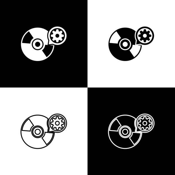 Set CD or DVD disk and gear icons isolated on black and white background. Adjusting app, service concept, setting options, maintenance, repair, fixing. Vector Illustration - Vector, Image