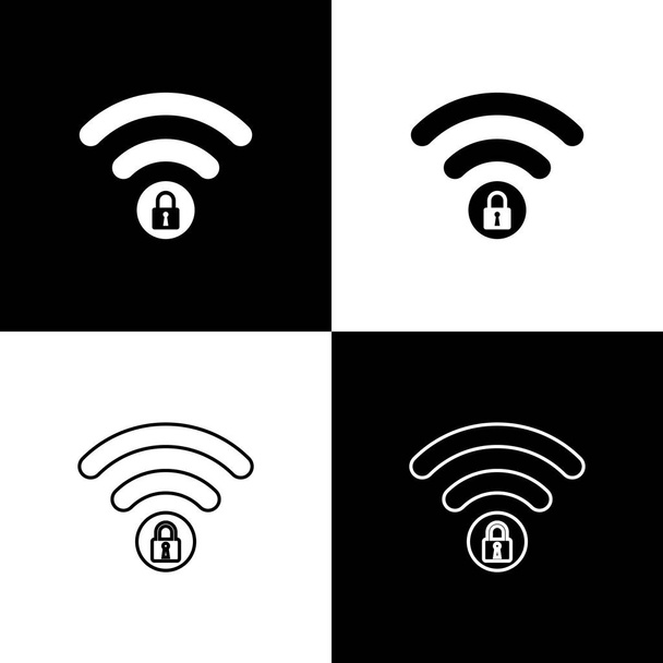 Ustaw WiFi zablokowane znak ikony izolowane na czarno-białym tle. Symbol Wi-Fi hasła. Ikonę Sieć bezprzewodowa. Strefa WiFi. Ilustracja wektorowa - Wektor, obraz
