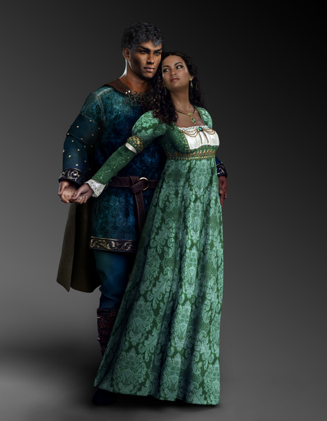 Fantasie romantisches mittelalterliches Paar in grünen Renaissance-Kleidern - Foto, Bild