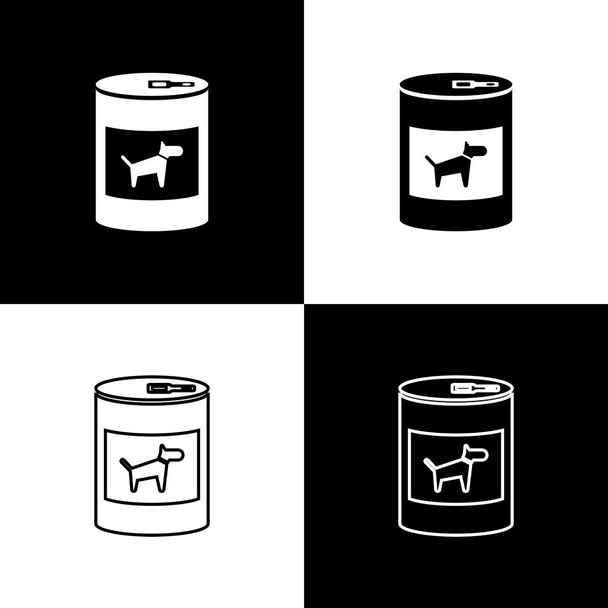 Nastavte konzervy pro psí ikony izolované na černém a bílém pozadí. Jídlo pro zvířata. Krmivo pro psy. Vektorová ilustrace - Vektor, obrázek