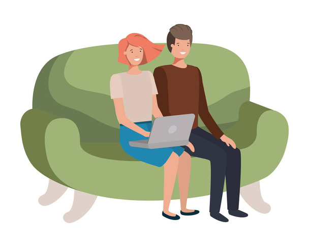 Nuori pari käyttää kannettavaa sohvalla avatar merkki
 - Vektori, kuva