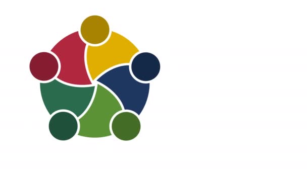 Logo osób. Grupuj symbol pracy zespołowej pięciu osób w kole. grafika ruchowa w rozdzielczości 4K - Materiał filmowy, wideo