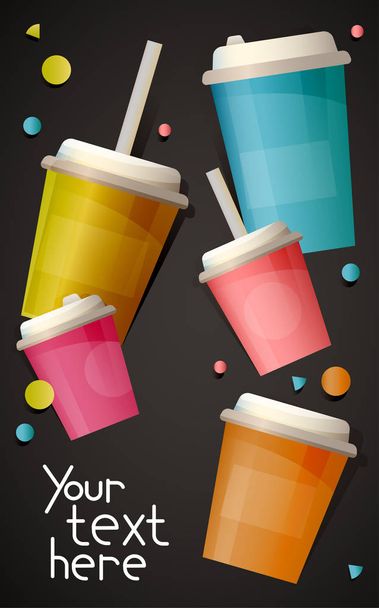 Banner with bright plastic cups on dark background with place for your text - Vector, Image