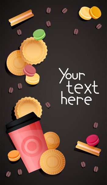 Banner with coffee or tea cup, cookies and macaroons on cosy dark background and place for your text - Vecteur, image