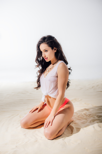beautiful sexy young woman sitting and posing on beach - Foto, Imagem