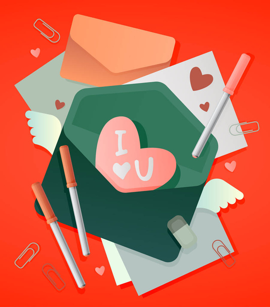 Romantic illustration with mail envelope for lovers letters, valentine with text I love you, pens, clips and hearts - Διάνυσμα, εικόνα
