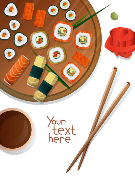 Background with traditional japanese sushi set, chopsticks, soy and place for your text - Vetor, Imagem