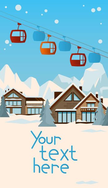 Winter landscape with cosy chalet houses and cable-railway for skiers and snowborders in the full of snow mountain valley - Vector, Image