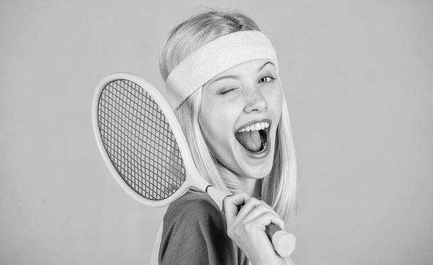 Start play game. Sport for maintaining health. Athlete hold tennis racket in hand. Tennis club concept. Active leisure and hobby. Tennis sport and entertainment. Girl adorable blonde play tennis - Valokuva, kuva