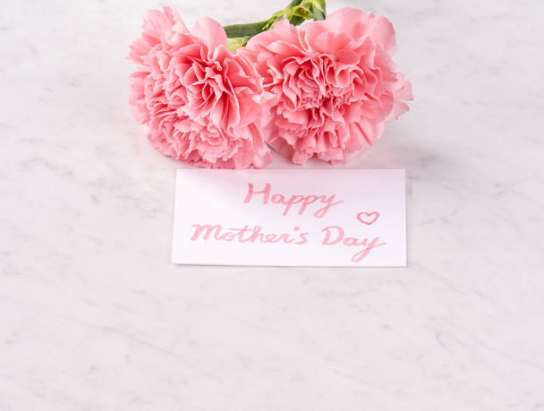 Copy space, close up, mock up, clipping path. Mothers day wording concept design. Beautiful fresh blooming baby pink color carnations isolated on bright marble background. - Zdjęcie, obraz