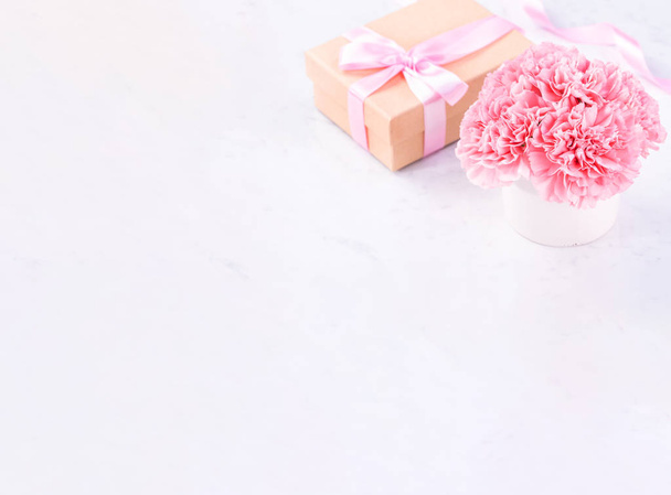 Copy space, close up, mock up, clipping path. Mothers day wording concept design. Beautiful fresh blooming baby pink color carnations isolated on bright marble background. - Foto, Imagem
