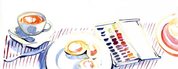 Akvarell kézzel rajzolt rajz festés illusztráció részletes felülnézet a modern művészeti munkahelyen. Csésze kávé és palettája akvarell színek. - Fotó, kép