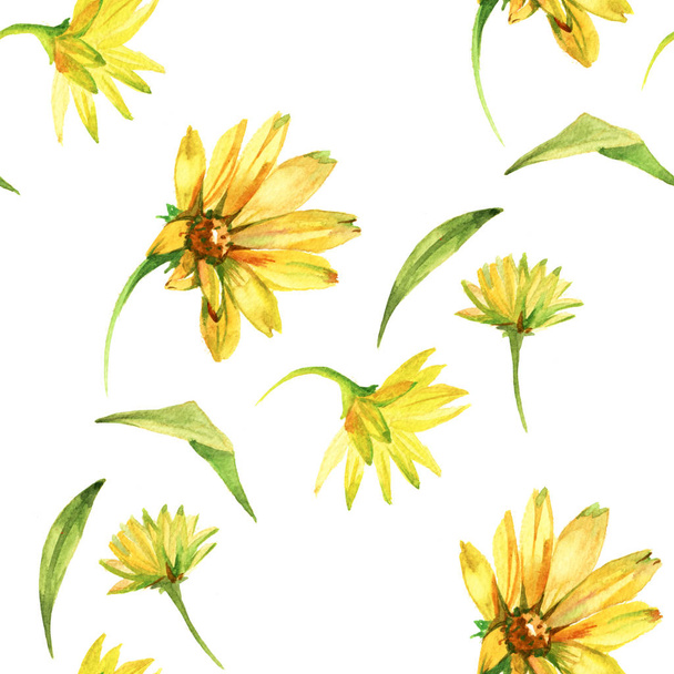 Seamless pattern with yellow flowers. Watercolor hand drawn illustration isolated on white background. - Foto, Bild