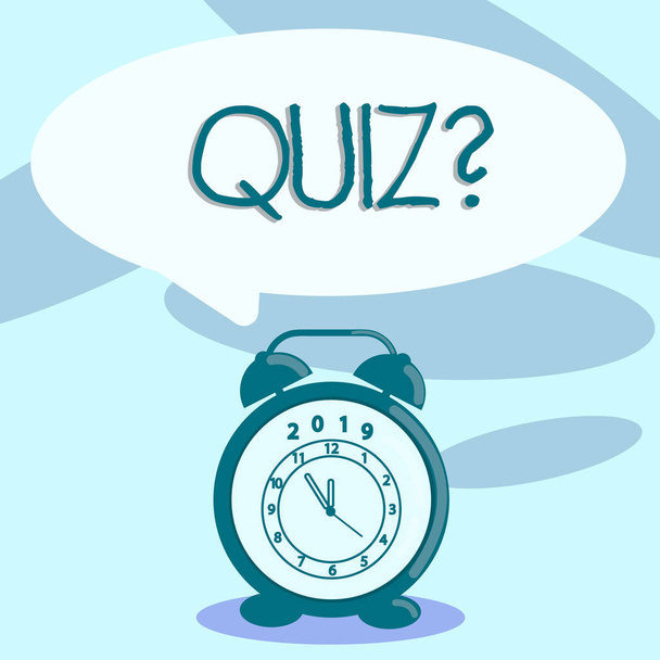 Writing note showing Quiz Question. Business photo showcasing test of knowledge as competition between individuals or teams Speech Balloon Pastel Shade and Colorful Analog Alarm Clock. - 写真・画像