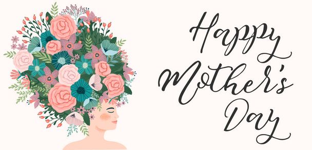 Happy Mothers Day. Vector illustration with woman and flowers. - Vector, Image