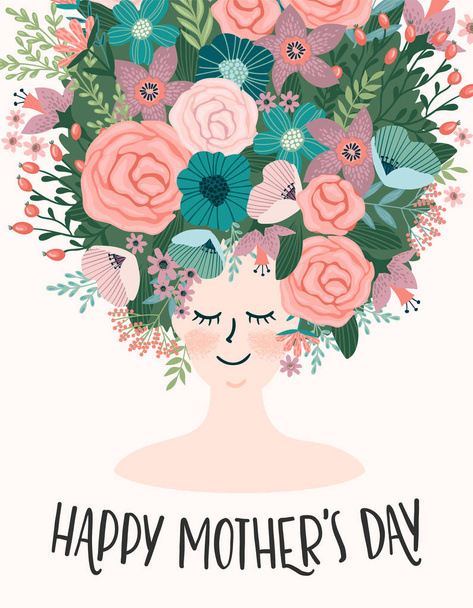 Happy Mothers Day. Vector illustration with woman and flowers. - Vektor, Bild
