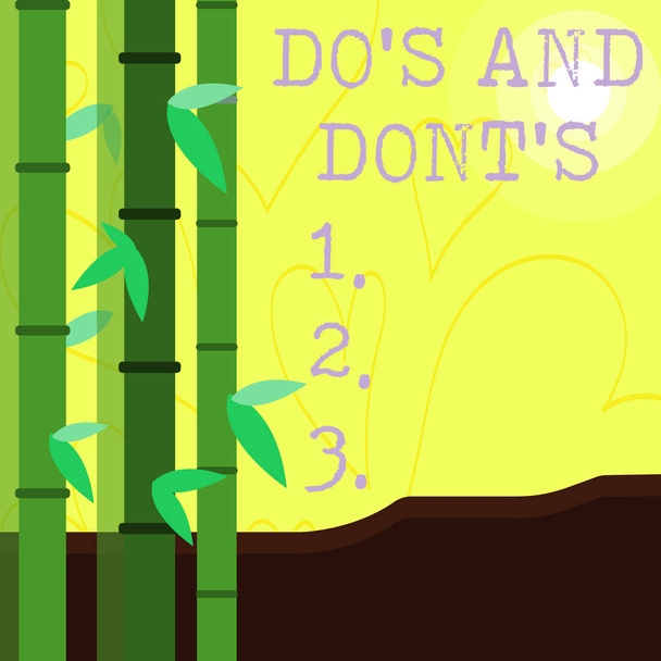 Do S Is and Dont S Is. ビジネスフォトテキストを示す概念的な手書き文字は、丸いビームを持つ葉の竹と月や太陽のいくつかの活動に関するルールや習慣を助言します. - 写真・画像