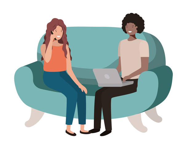 young couple using laptop in the sofa avatar character - Vector, Image