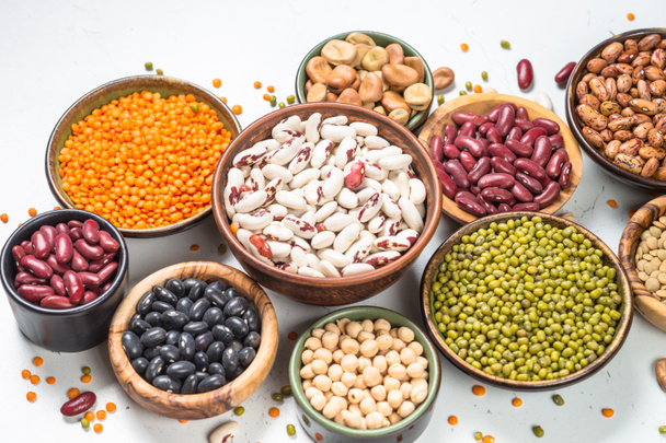 Legumes, lentils, chikpea and beans assortment on white. - Foto, Imagem