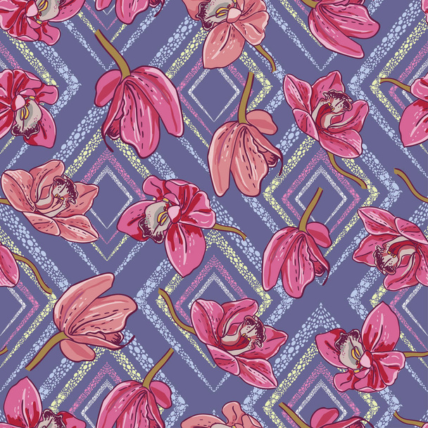 Seamless pattern of pink orchids. Vertical creepers of flowers on a turquoise background. - Vektör, Görsel