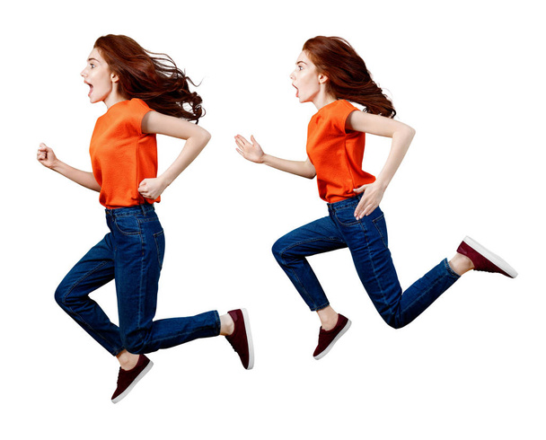 Collage de mujer jengibre feliz en camisa y jeans saltando
. - Foto, Imagen