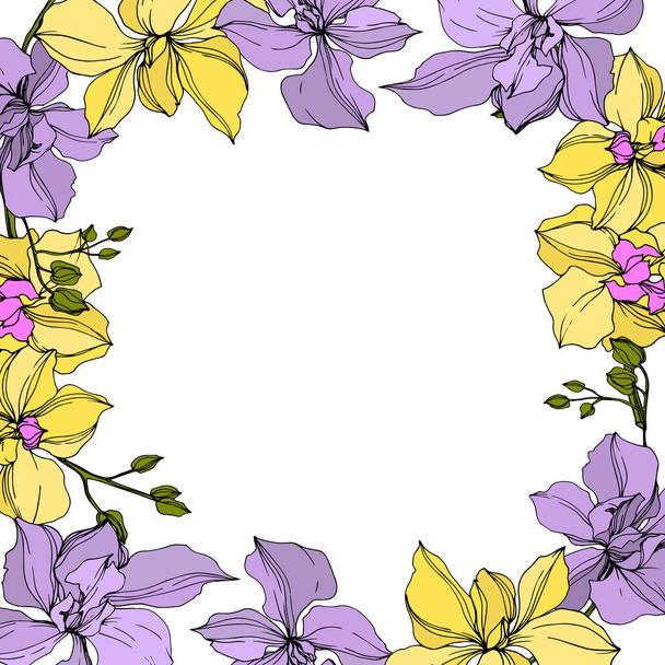 background with vector wreath of yellow and violet orchid flowers isolated on white with copy space - Vector, Image
